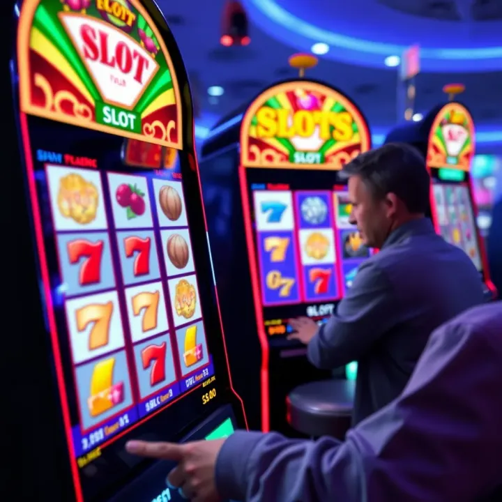Colorful slot machine interface displaying reels with various symbols and a player exploring game features