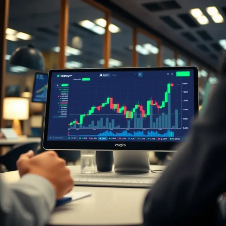 Graphic illustrating strategy testing on a virtual trading platform emphasizing risk-free financial operations