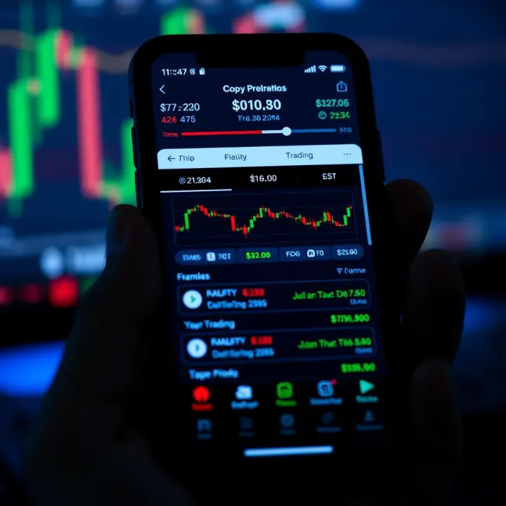 Overview of a Copy Trading Application Interface Mobile device screen showing interface of a copy trading application with trading options and user interactions