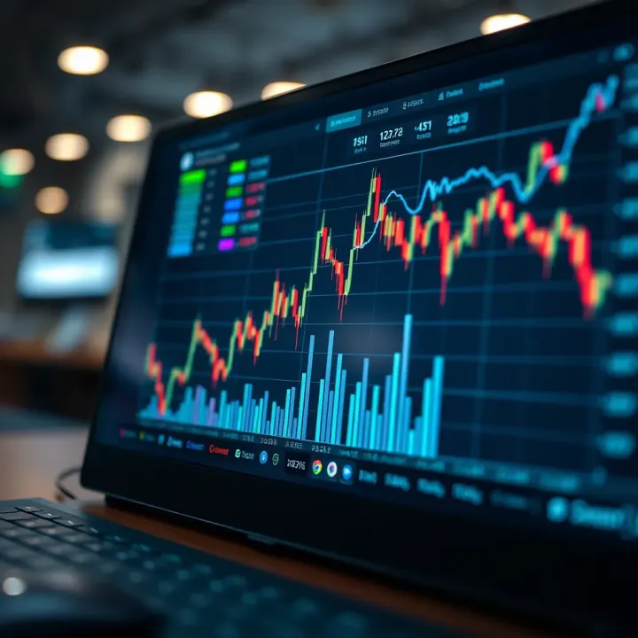 Graph showing upward trend and connection between traders on a digital interface