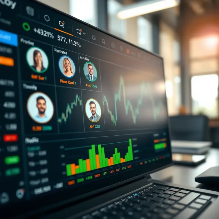 Copy Trading Platform Interface with Trader Profiles and Metrics Interface of a copy trading platform highlighting trader profiles and performance metrics