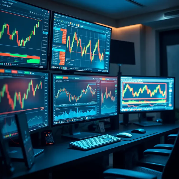 Digital workspace displaying multiple monitors with cryptocurrency trading platforms and data analysis tools