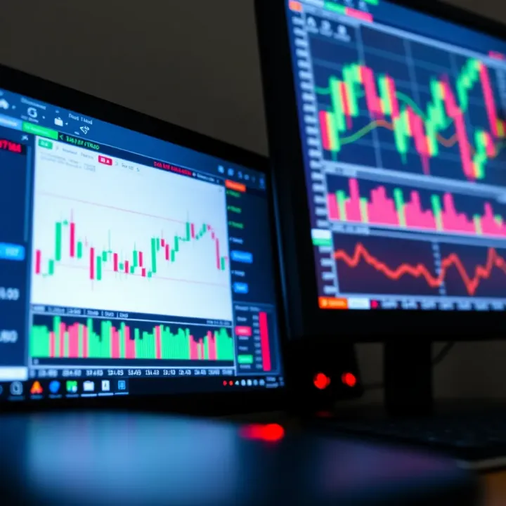 Detailed stock market charts displaying candlestick patterns and trade indicators on a computer screen