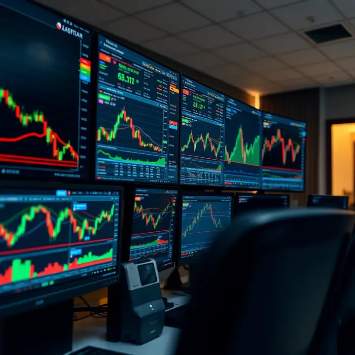 Trading workstation with multiple monitors displaying market data and financial graphs