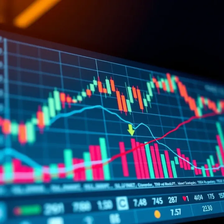Graph showing upward trend with candlestick patterns representing day trading strategies