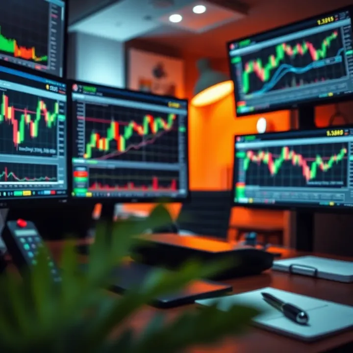 Illustration of trading tools including computer screens with graphs and financial analysis software