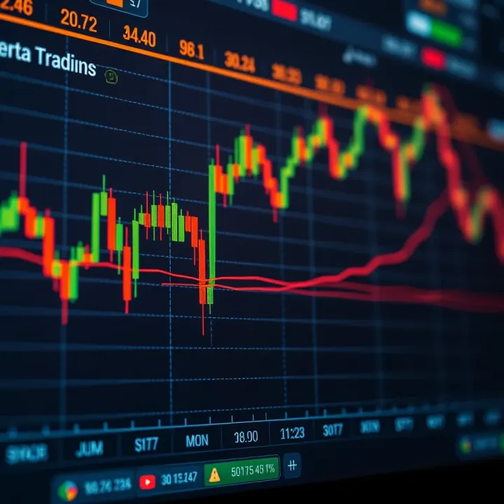 Digital chart displaying cryptocurrency price fluctuations with technical indicators and candlestick patterns