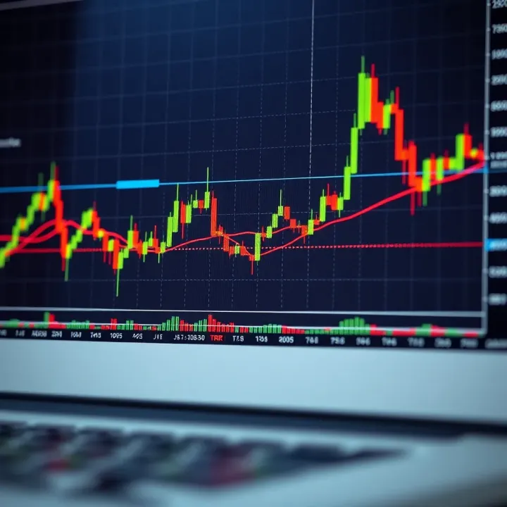 Graph showing financial charts with candlestick patterns and technical indicators