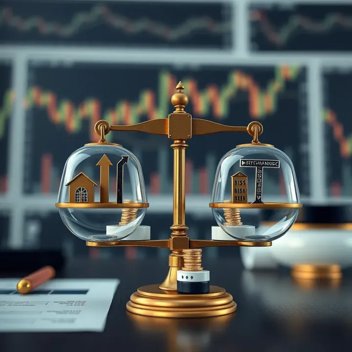 Graphical representation of risk management strategies with balance scales and financial icons