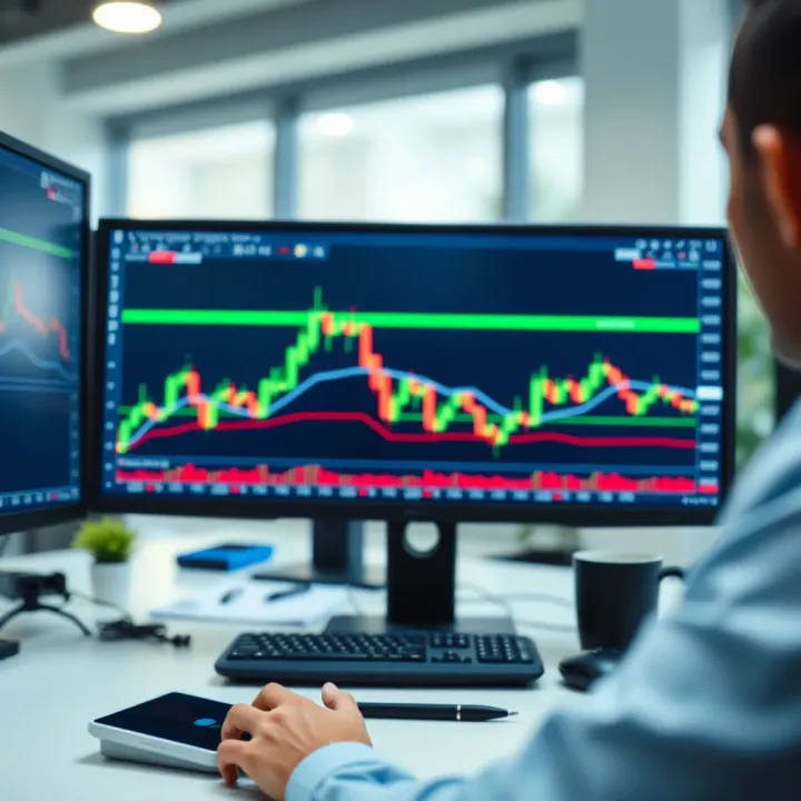 Simulated Trading Environment with Real-time Chart Analysis Simulated trading screen showing candlestick charts and trading indicators for practice