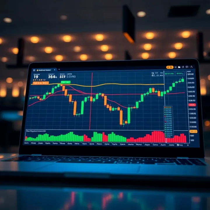 Illustration of a digital trading platform showcasing a demo account interface with virtual financial charts and data