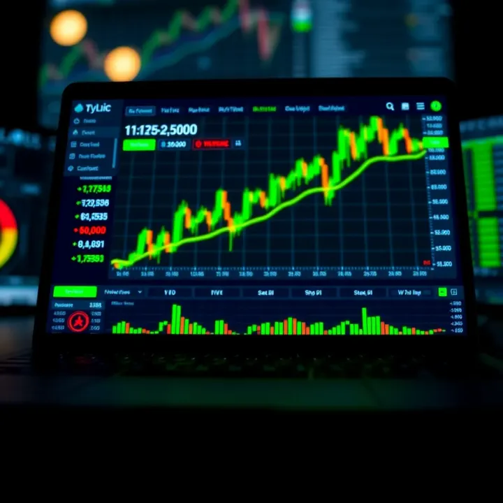 Illustration showing a digital trading platform interface displaying virtual funds in a demo account