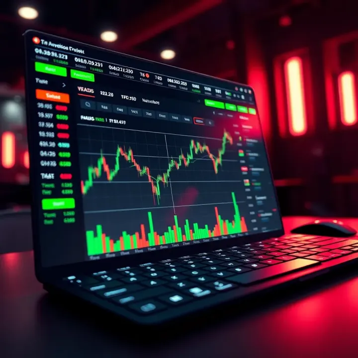 Illustration showing a digital trading platform interface with charts and mock trades
