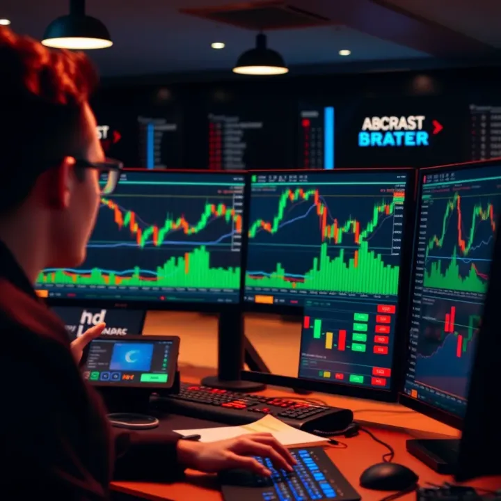Trader analyzing stock charts on multiple screens with demo account interface