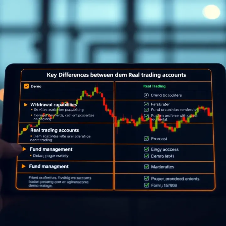 Comparison chart depicting key differences between demo and real trading accounts including withdrawal capabilities and fund management