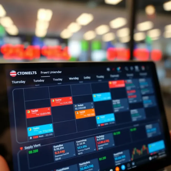 Economic calendar displaying daily financial events and data releases on a digital screen