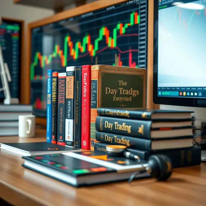 Collection of essential day trading books displayed on a wooden desk with a financial chart in the background