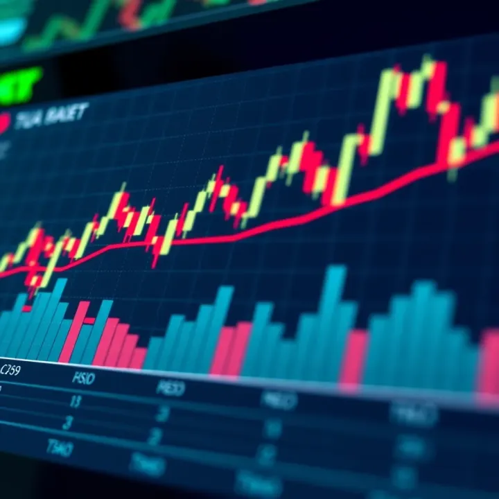 Graph showing financial market trends with candlestick patterns and trading volume indicators