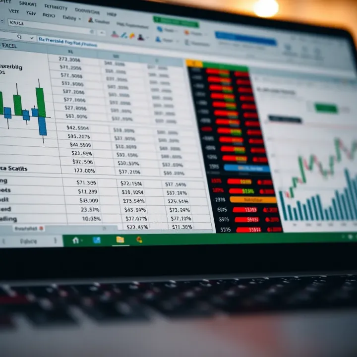 Excel spreadsheet displaying financial data and binary options trade entries with charts illustrating performance trends
