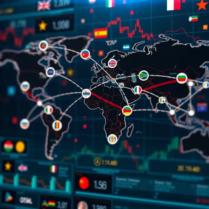 International Forex Market Connections Global currencies represented on a world map highlighting international Forex market connections