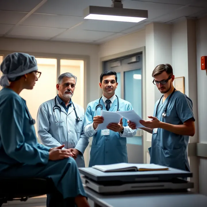 Hospital team discussing patient safety protocols and risk management strategies in a clinical setting