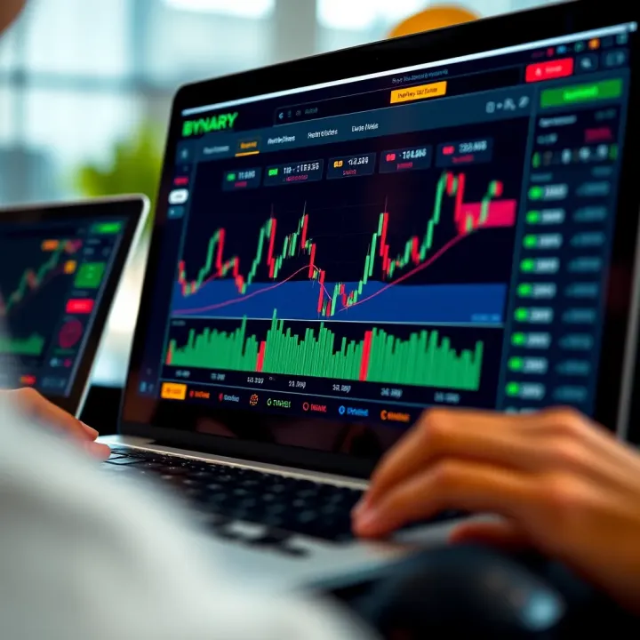 Illustration of a binary options trading platform showing demo account interface with charts and trade options