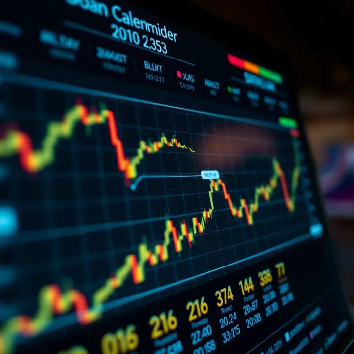 Depiction of financial data charts with highlighted important dates and market trends