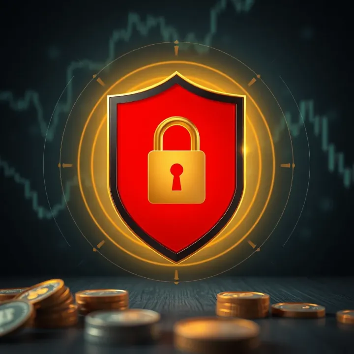 Protective Measures for Safer Investments Illustration of a secure shield protecting financial assets symbolizing investment safety measures