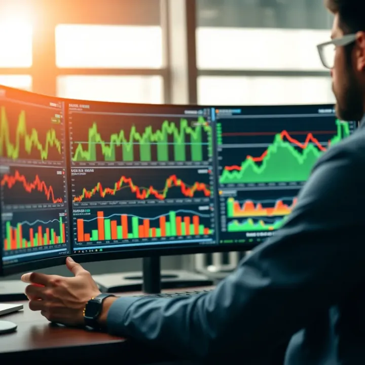 Investor analyzing economic data charts and graphs on a computer screen for strategic market decisions
