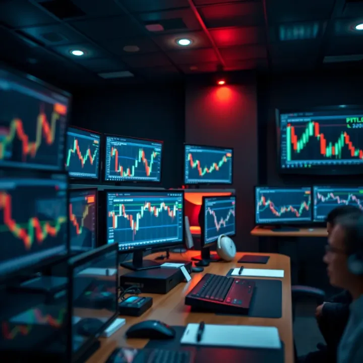 Illustration of a trading desk with candlestick patterns on multiple monitors showing market trends