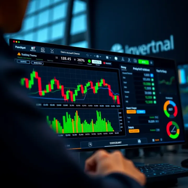 Virtual trading platform showing demo account dashboard with market charts and indicators