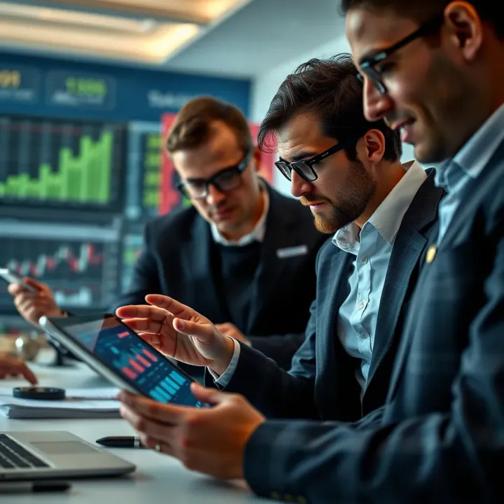 Business professionals analyzing market data charts on a digital tablet