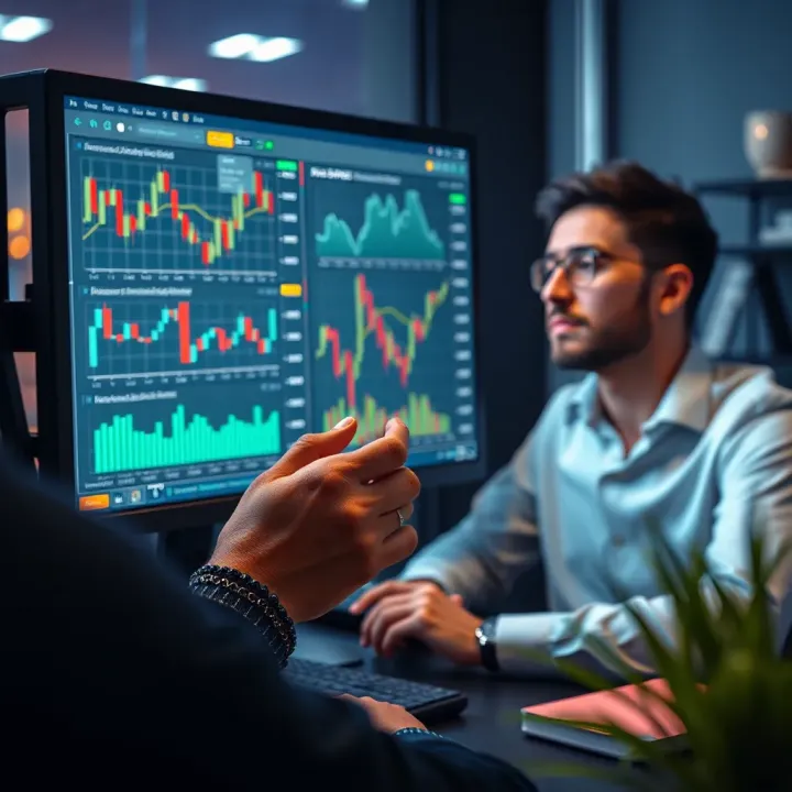 Business professional analyzing detailed market data charts on computer screen