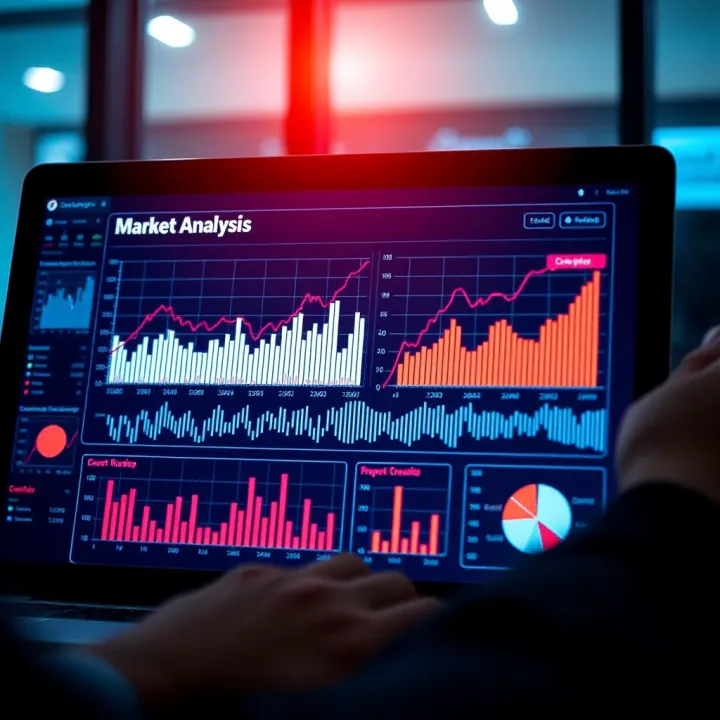 Graphical representation of competitive market analysis with charts and data points