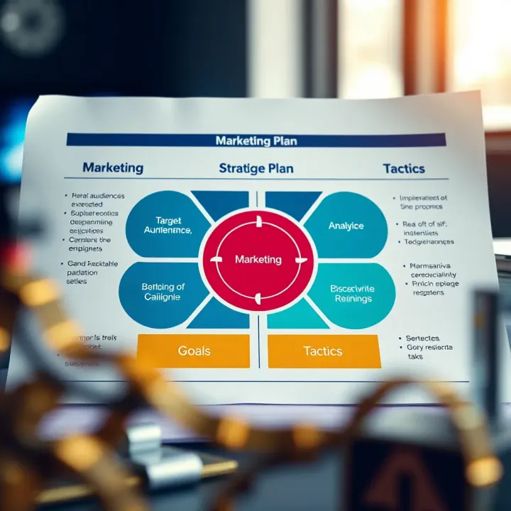 Marketing plan framework highlighting key components like target audience, goals, and tactics