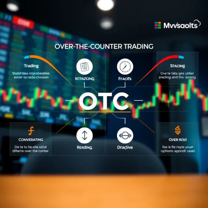 Diagram illustrating the concept of over-the-counter trading in binary options with market symbols and trading charts