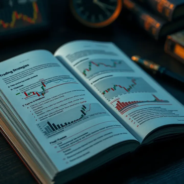 Trading Strategies Explained in Price Action Guidebook Open book displaying trading strategies and annotations related to price action techniques