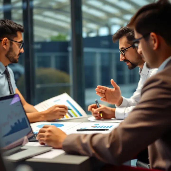 Strategic business meeting with charts and graphs illustrating market environment