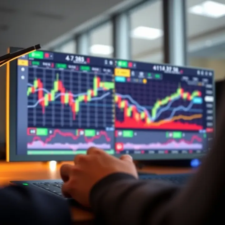 Financial Market Simulator for Skill Development and Risk-Free Trading User interface of a financial simulation tool with charts, indicators, and virtual funds